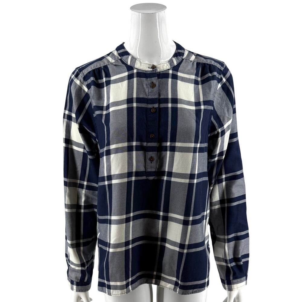 LL Bean Womens Popover Plaid Flannel Top Size Medium Navy Blue White Long Sleeve